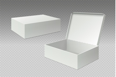 Realistic packaging boxes. Open mock up blank package&2C; white square pa