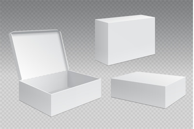 Realistic packaging boxes. White open cardboard pack, blank merchandis