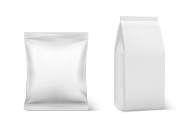 Realistic pillow pack. Coffee doy blank mockup&2C; plastic blank food pac