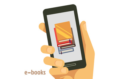 Flat e-books concept with smartphone in hand