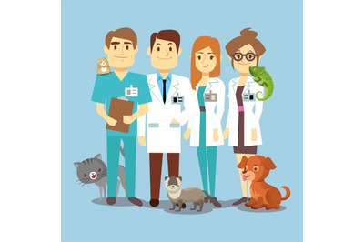 Flat veterinarians staff with cute animals