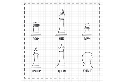 Hand drawn chess pieces line icons