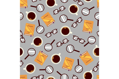 Office seamless pattern with notebook, glasses, coffee and magnifier