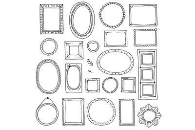 Hand drawn picture frame. Doodle square oval photo frames, scrapbook s