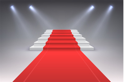 Realistic red carpet. Vip spotlight event stairs, award entrance cerem