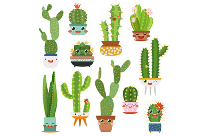 Cute cactus pots. Happy face cartoon succulent cacti funny flower smil