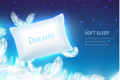 Realistic sleep concept. Soft sleep pillow with feathers&2C; clouds and s