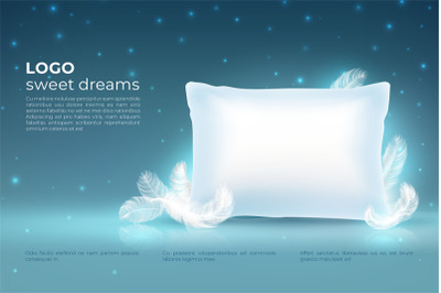 Realistic dream concept. Comfort sleep&2C; bed relax pillow with feathers