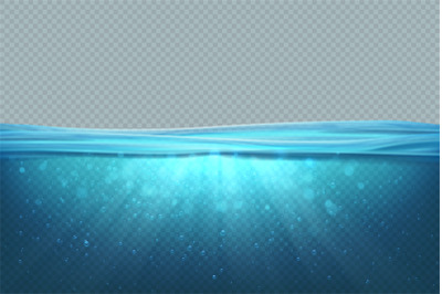 Transparent underwater background. Realistic blue sea water surface, 3