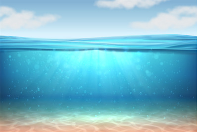 Realistic underwater background. Ocean deep water, sea under water lev