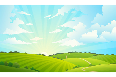 Fields landscape. Scenic green hills nature sky horizon meadow grass f