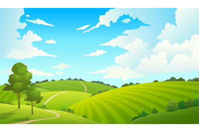 Summer field landscape. Nature hills fields blue sky clouds sun countr
