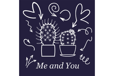 Hearts and cactus. Cute love or friendship cactus couple on valentine