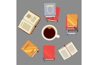 Read books and drink coffee - students concept with books and cup of c