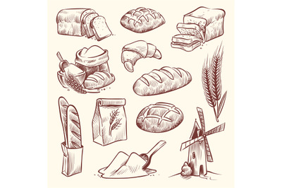 Bread sketch. Flour mill baguette french bake bun food wheat tradition