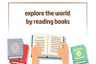 Reading books poster design with flat books and human hands