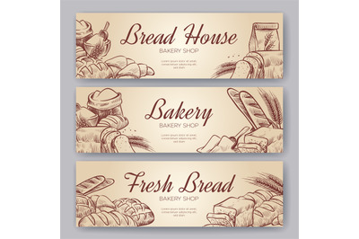 Bakery banners. Hand drawn cooking bread bakery bagel breads pastry ry