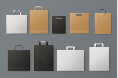 Shopping bag mockup. Realistic white paper package craft black brand m