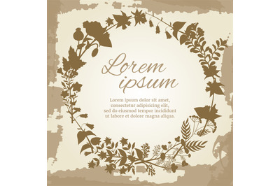 Floral and herbal wreath silhouette on vintage grunge backdrop