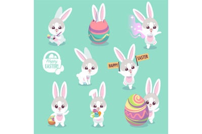 Easter bunny characters. Cute rabbit with easter egg cartoon bunnies v