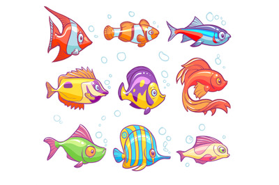 Cartoon fishes. Aquarium sea tropical fish funny underwater animals. G