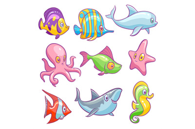 Underwater animals. Cute sea tropical fishes funny ocean underwater an