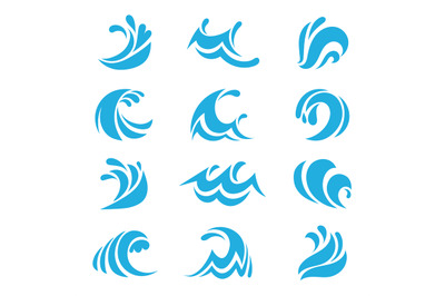 Sea wave set. Ocean storm tide waves wavy river water design line elem