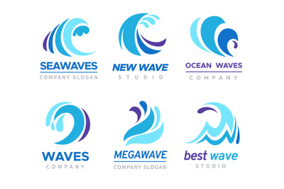 Sea wave logo. Ocean storm tide waves wavy river blue water splash des