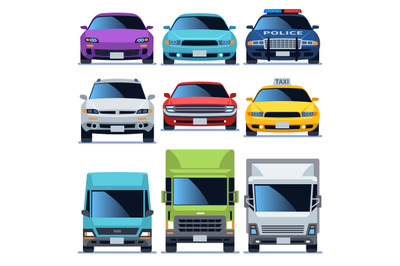 Car front view icons set. Vehicles driving auto service police truck s