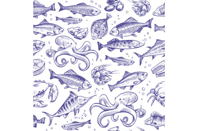 Seafood seamless pattern. Sketch fish hand drawn sea ocean marine tuna