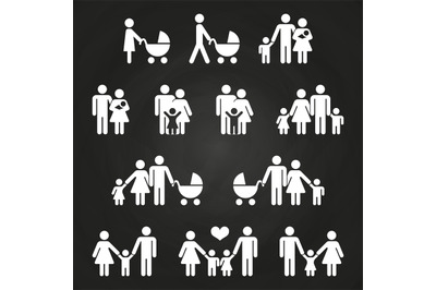 Baby and parents outline icons design - white family pictograms