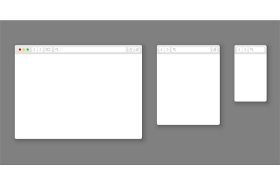 Browser mockups. Website different devices web window mobile screen in