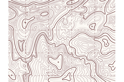 Topographic map. Trail mapping grid, contour terrain relief line textu