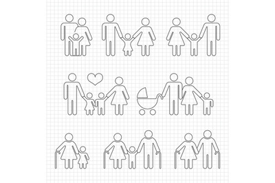 Human family line icons on notebook page design