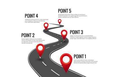 Road infographic. Curved road timeline with red pins checkpoint. Strat