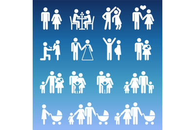 Young family life pictograms - white parents and kids icons