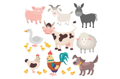 Farm animals. Pig donkey cow sheep goose rooster dog cartoon kids anim