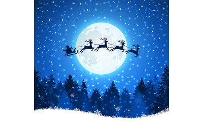 Christmas background with Santa and deers flying on the sky