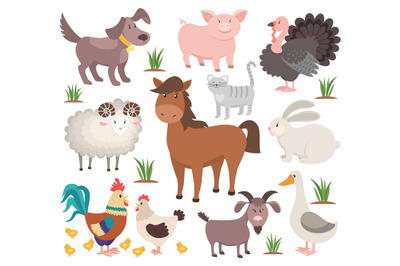 Cartoon farm animals. Turkey cat ram goat chicken rabbit horse. Villag