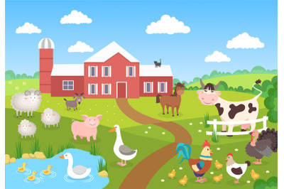 Farm animals with landscape. Horse pig duck chickens sheep. Cartoon vi