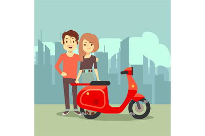 Cute cartoon young lovers and bike on city landscape - modern date con