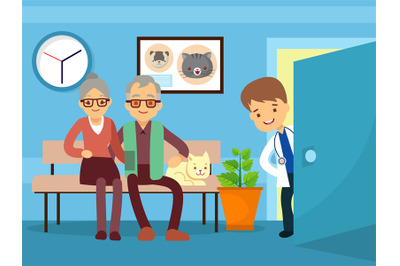 Elderly couple and cat at veterinarian
