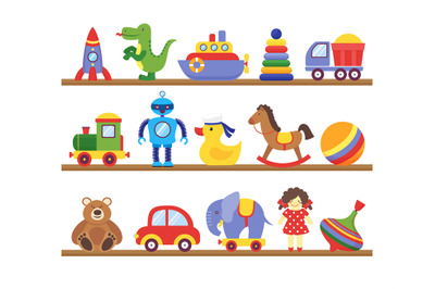 Toys on shelves. Cartoon toy on baby shopping wooden shelf. Dinosaur r