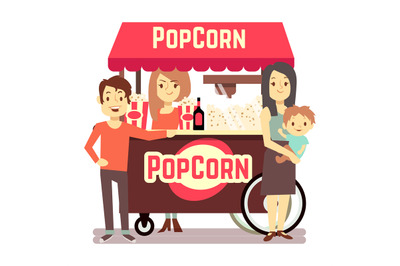 Family buys popcorn from a cute girl seller
