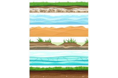 Soil layers. Campo ground surface land grass dried desert sand water.