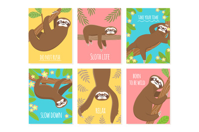 Sloth card. Cute slumber animal, sleepy lazy sloths. Child t-shirt, pa