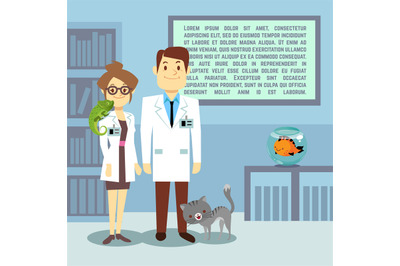 Flat veterinary office with doctors and animals