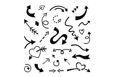 Doodle arrows set. Sketch arrows, hand drawn curve pointer icons on wh