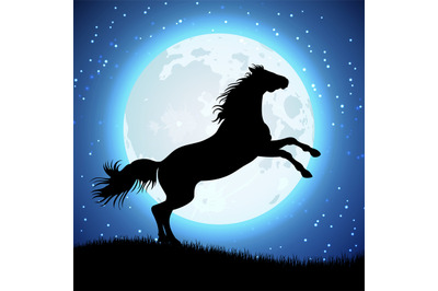 Silhouette of horse on the moon background