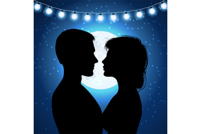 Silhouettes of couple on the moonlight background